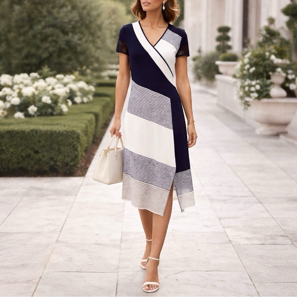 ST. JOHN Colorblock Tech Knit Short Sleeve Midi Dress - Picture 1 of 14